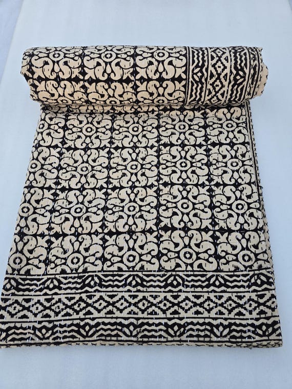 Kantha Quilt Bedding Hand Block Print Floral Blanket Indian Natural Color, Hand-Stitched Rural Kantha Bedding, Ethnic Home Décor Style