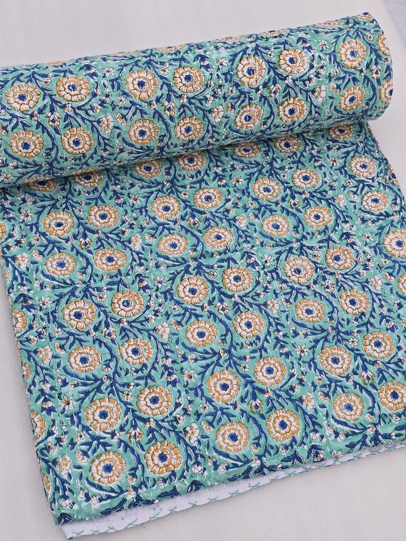 Premium Floral Kantha Quilt Handblock Print floral Kantha Indian Bedding Natural Color Indian inspired Bedding Decor Summer Trends Quilt