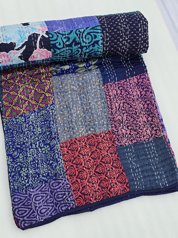 Indian Silk Patola Patchwork Handmade Kantha Quilt Assorted Patchwork Kantha Handmade Vintage Quilts Assorted Vintage style vintage design