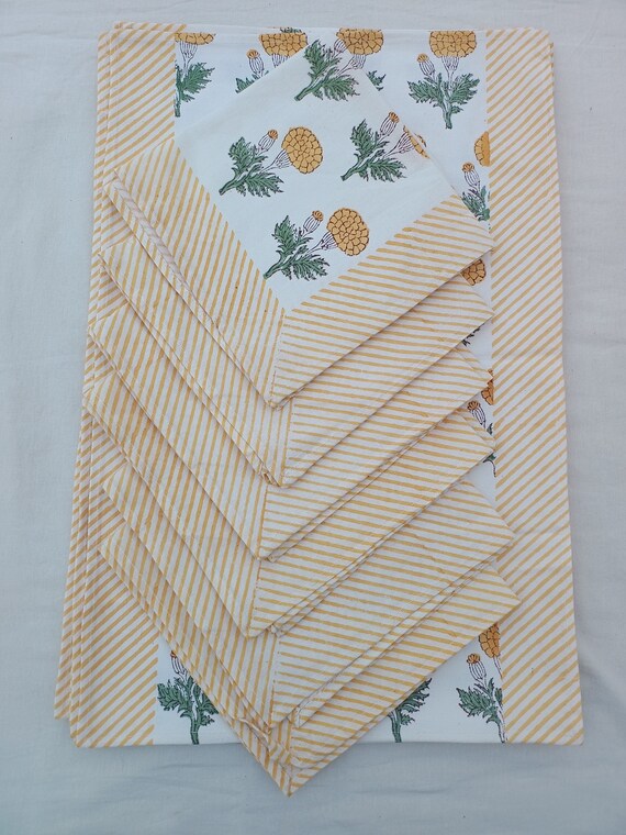 Premium Hand Block Printed Rectangle Table Cover Matching Table Runner With Napkins for 6 Seater Dinning Table Cloth Mat Set, Christmas Gift