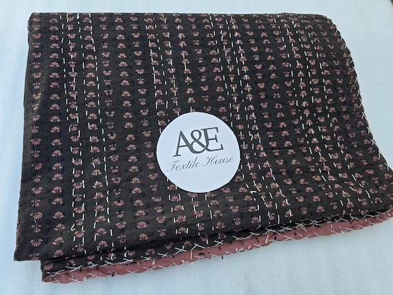 Handmade Kantha Quilt, Vintage Brown Floral Block Print Bedding Vintage Brown Bedding Quilt Gorgeous quilt that has the perfect vintage look