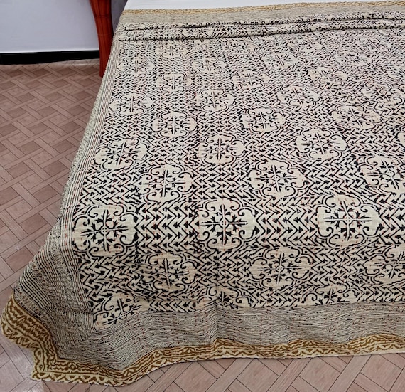 Handmade Jaipuri Kantha Quilt: Indian Block Print Cotton Coverlet Bedding RARE Find Only 2 pieces Available
