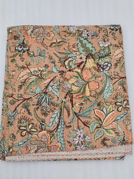 Floral Kantha Quilt: Hand-Stitched Indian Cotton Bedspread