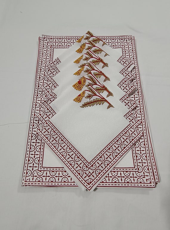 Premium Hand Block Printed Rectangle Table Cover Matching Table Runner With Napkins for 6 Seater Dinning Table Cloth Mat Set, Christmas Gift