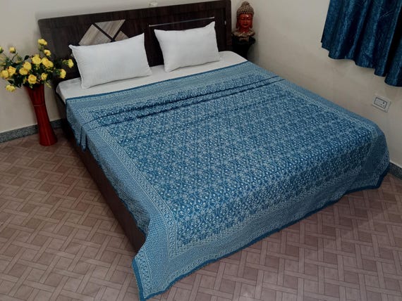 Blue Floral Kantha Quilt with Two Pillow Covers: Hand-Stitched Cotton