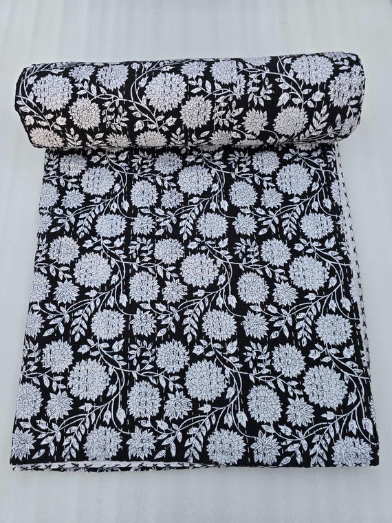 Black Kantha Quilt Bedding Hand Block Print Floral Blanket Indian Natural Color, Hand-Stitched Rural Kantha Bedding, Ethnic Home Décor Style