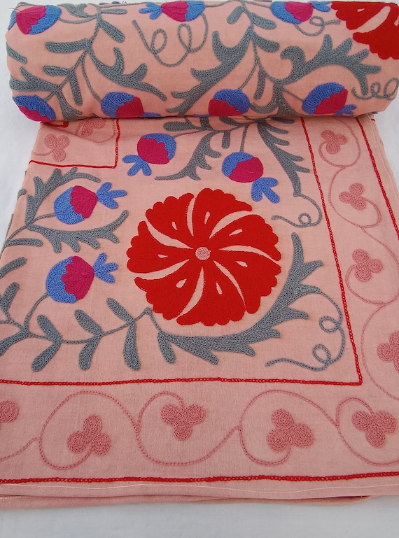 Hand Embroidered Suzani Tapestry: Vintage Floral Cotton Wall Hanging