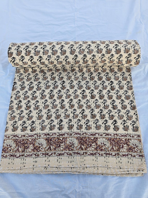 Kantha Quilt Bedding Hand Block Print Floral Blanket Indian Natural Color, Hand-Stitched Rural Kantha Bedding, Ethnic Home Décor Style
