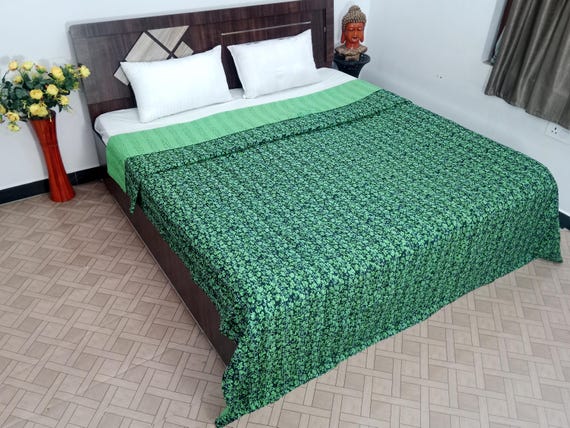 Handmade Kantha Quilt, Vintage Floral Block Print Bedding Vintage Bedding Quilt Gorgeous Quilt that has the Perfect Vintage look