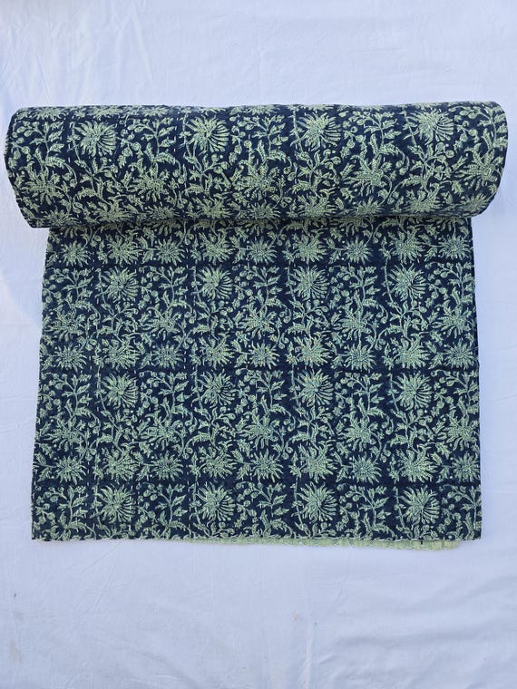 Floral Block Print Kantha Quilt: Indian Inspired Bedding
