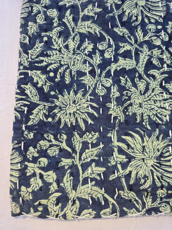 Floral Design Kantha Quilt Handblock Print floral Kantha Indian Netural Indian inspired Bedding Hand Stitched Quilted bedcover