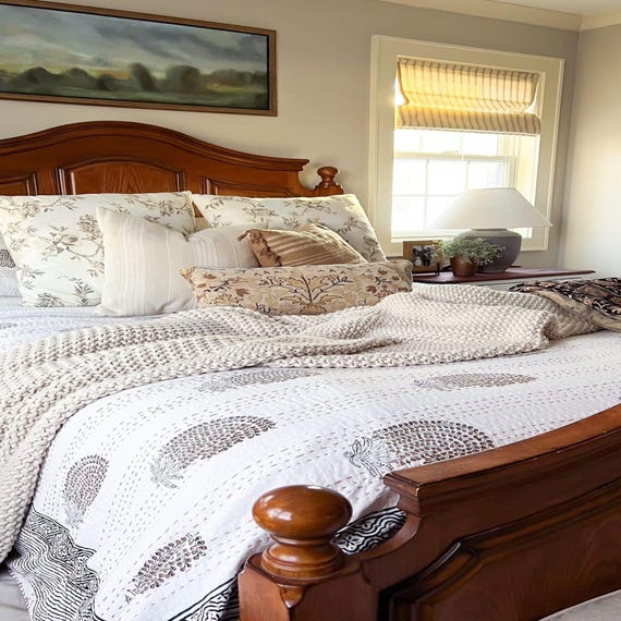 Handblock Print Kantha Quilt: Floral Indian Cotton Coverlet