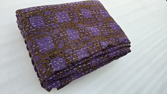 Purple Floral Kantha Quilt: Indian Cotton Bedspread
