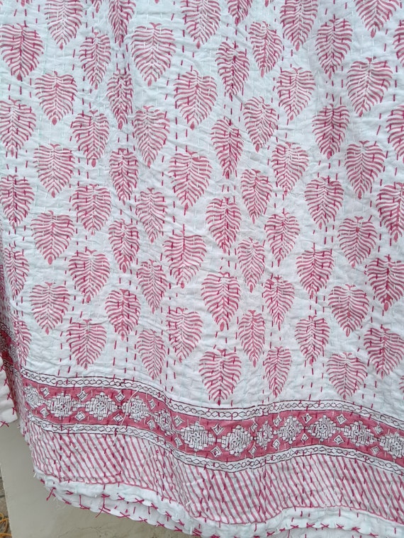 Pink Leaf kantha quilt Handblocked Pink and White Handmade Kantha Indian cotton handmade making quilt bedding bedspread kantha pink Leaf