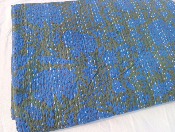 Premium Blue Floral Design Kantha Quilt, Hand Block Print Blue Floral Kantha, Natural blue Color Indian inspired Bedding Hand Stitched Quilt