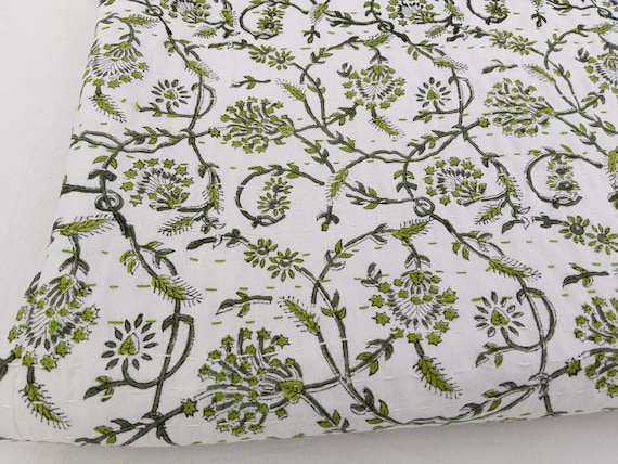 Green floral Kantha Quilt Handblock Print floral Netural Colour Green floral Kantha Quilt + 2 Standard Size 20x26 Inches pillow cover free