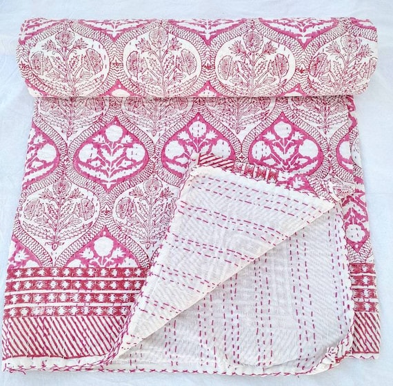 Indian Handmade Bedding Pink Floral Block Print Kantha Quilt