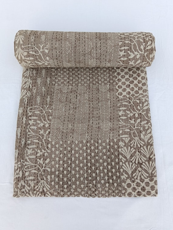 Kantha Quilt Queen, Hand Printed Cotton Bedding, Boho Indian Quilt, Block Print Bedspread, Vintage Kantha Blanket, Handmade Bohemian Throw
