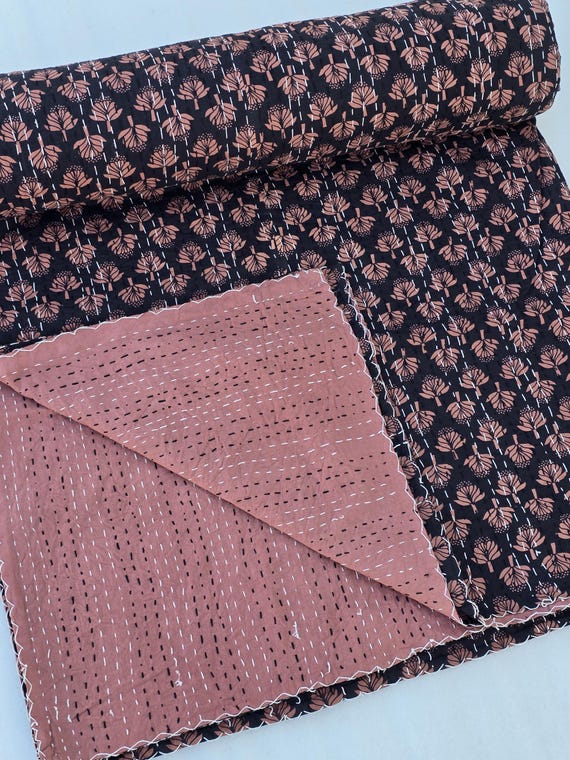 Floral Kantha Quilt: Handblock Print Indian Queen Size Quilt