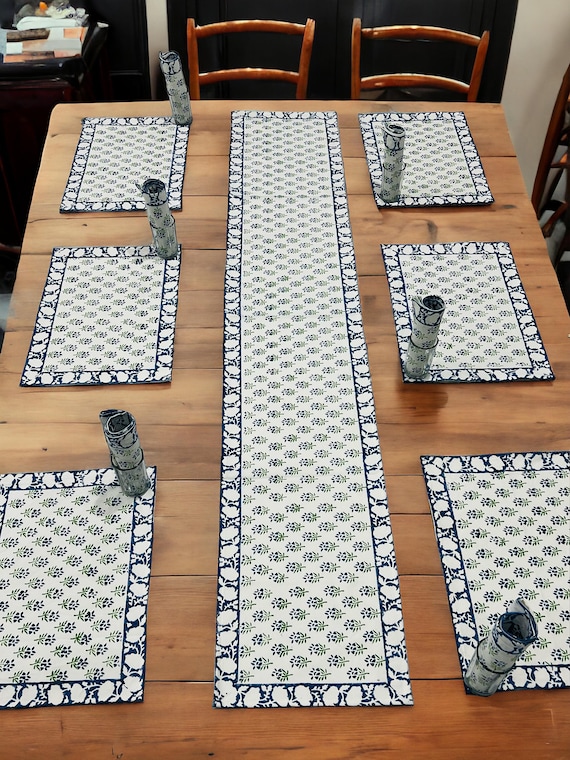 Hand Block Printed Premium Matching Runner With Napkins for 6 Seater with Premium Table Mat Set Hand Block Print
