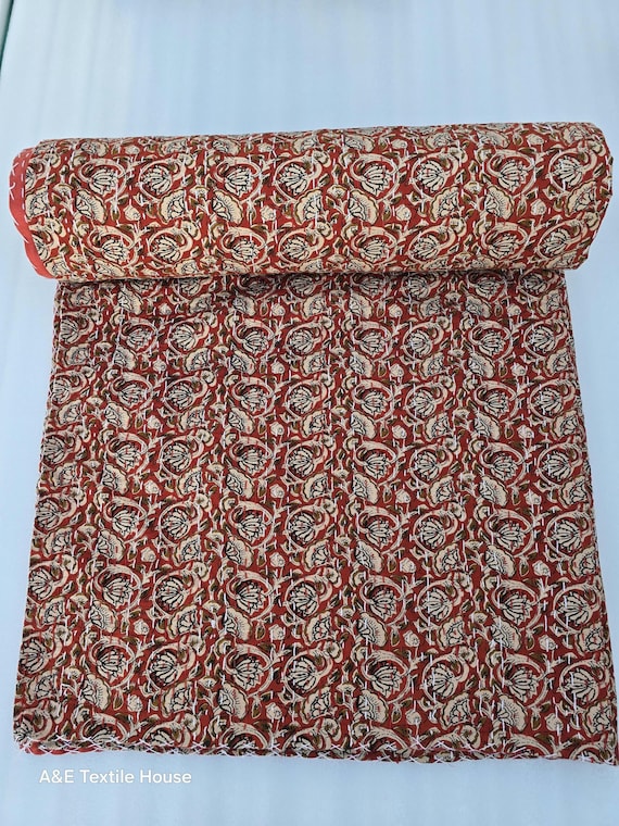 Kantha Quilt Bedding Hand Block Print Floral Blanket Indian Natural Color, Hand-Stitched Rural Kantha Bedding, Ethnic Home Décor Style
