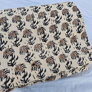 Hand Block Print Floral Kantha Quilt: Indian Cotton Blanket