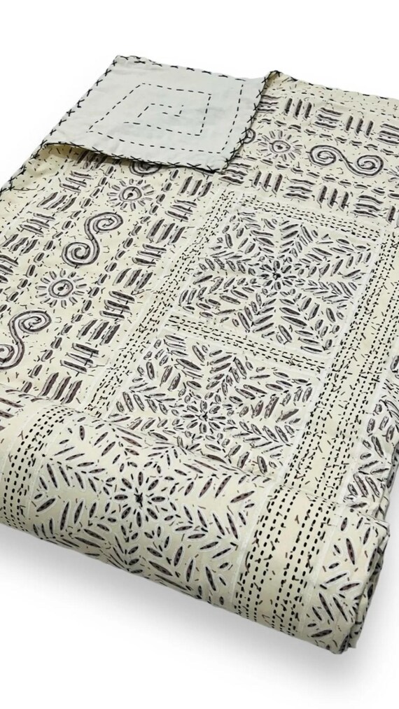 Handmade Kantha Quilt: Floral Print Indian Cotton Bedding