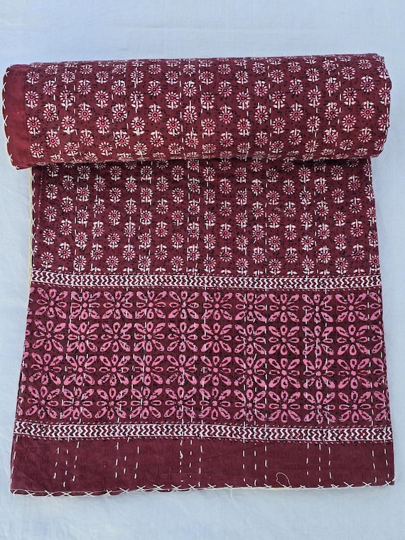 Ajrak Print Kantha Quilt: Vintage Block Printed Cotton Bedding