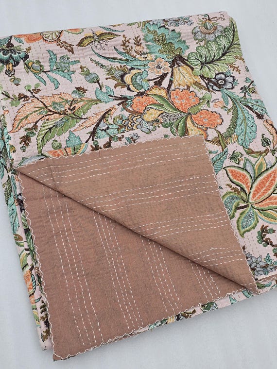 Floral Kantha Quilt: Hand-Stitched Cotton Bedspread, Indian Bedding