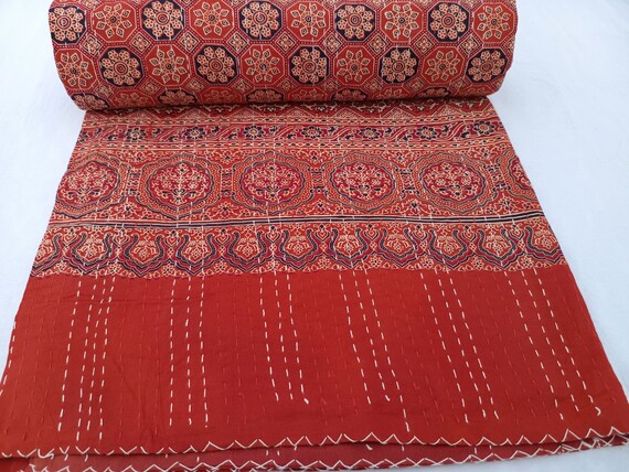 Ajrak or Ajrakh is a unique block printed textile. It displays special traditional designs and patterns Ajrak Vintage design kantha quilt