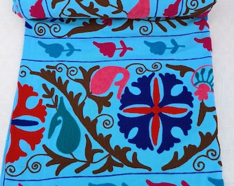 Hand Embroidered Suzani Wall Hanging, Silk Floral Cotton Tapestry Sofa Cover