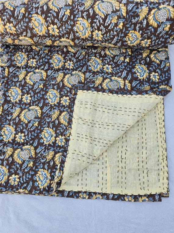Handmade Burgundy Kantha Quilt, Floral Indian Cotton Bedding, Two-Layer Hand-Stitched Throw Blanket, Vintage Block Print Bed Cover