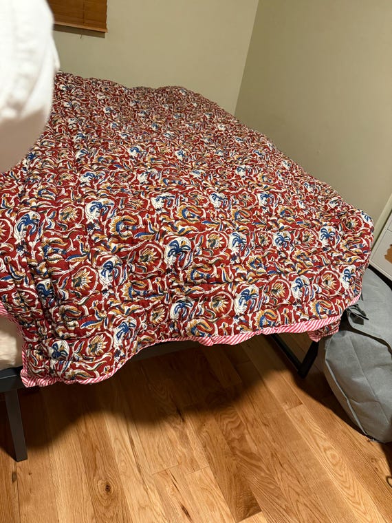 Winter Warm Handmade Burgundy Batting Quilt Reversible Floral Block Print, Cotton Filled