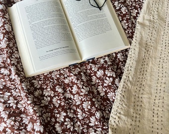 Hand Block Print Kantha Quilt, Chocolate Brown Floral Cotton Throw Blanket, Indian Bedspread