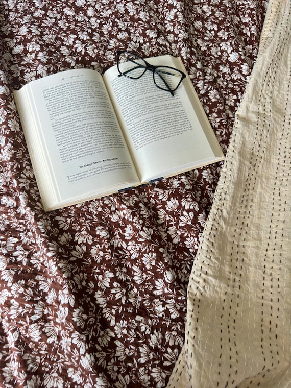 Hand Block Print Kantha Quilt, Chocolate Brown Floral Bedding, Cotton Handmade Throw Blanket, Indian Kantha Bedspread, Vintage Bed Cover