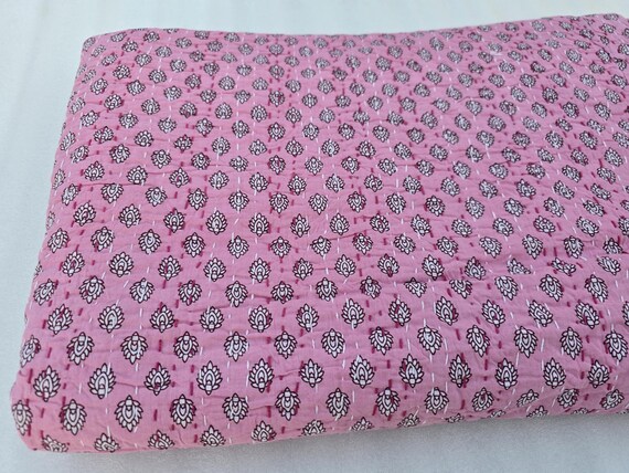 Kantha Quilt Bedding Hand Block Print Floral Blanket Indian Natural Color, Hand-Stitched Rural Kantha Bedding, Ethnic Home Décor Style
