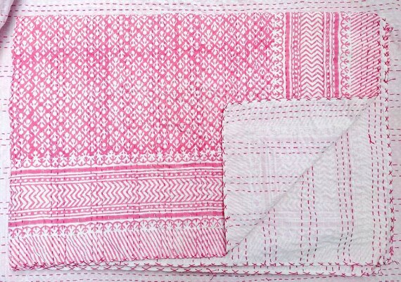 Pink artistry kantha quilt quilt Handblocked Pink and White Handmade Kantha Indian cotton handmade making quilt bedding bedspread kantha