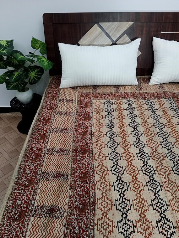 Hand-Stitched Kantha Quilt: Floral Block Print Indian Cotton Bedding Rare Find, Only 2 pieces Available