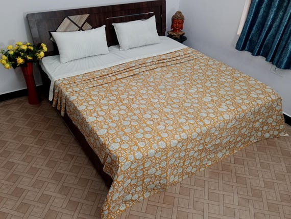 Kantha Quilt Bedding Hand Block Print Floral Blanket Indian Natural Color, Hand-Stitched Rural Kantha Bedding, Ethnic Home Décor Style