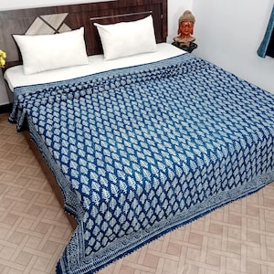 Handmade quilts king size white and blue Indigo Blue white Kantha Quilt Indian Hand Block Print Bedding Bedspread All Size cotton indigo