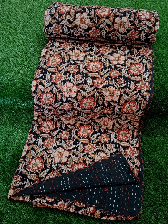 Hand Block Print Cotton Kantha Quilt, Floral Boho Bedding Throw, Handmade Indian Cotton Bedspread, Vintage Kantha Quilt, Throw Blanket