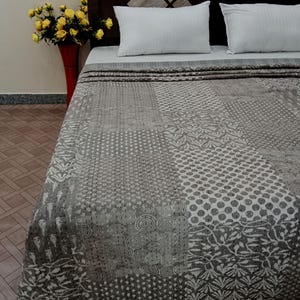 Hand Stitched Kantha Quilt: Floral Block Print Cotton Throw (108x90 Inches)