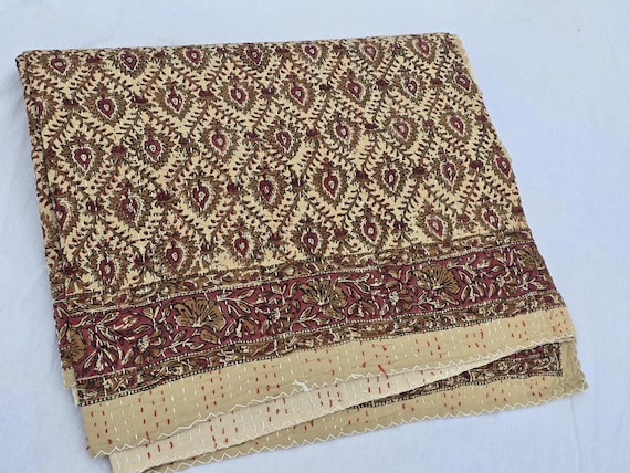 Hand Block Print Quilt Cotton Kantha Quilt, Floral Indian Cotton Bedding, Handmade Kantha