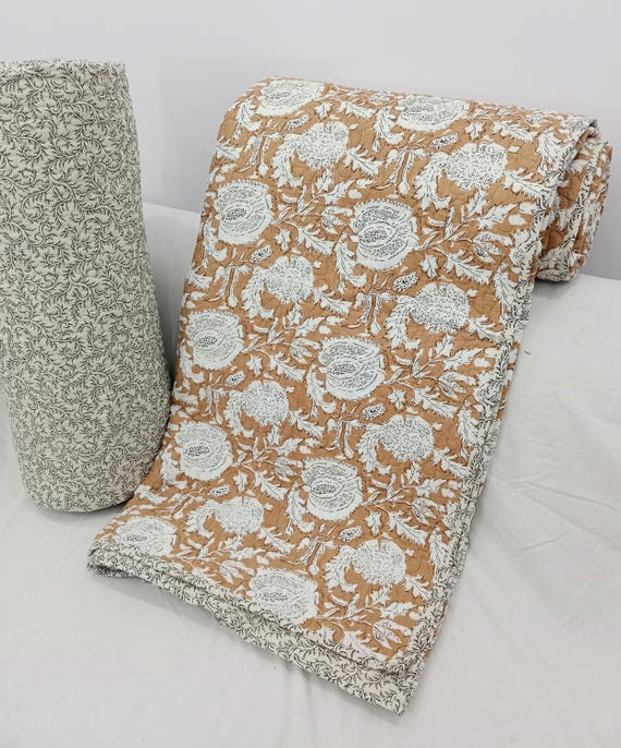 Winter Warm Quilt Cotton Batting "Quilt" Handmade Reversible "Cotton" Kantha Quilt: Indian Floral Quilt