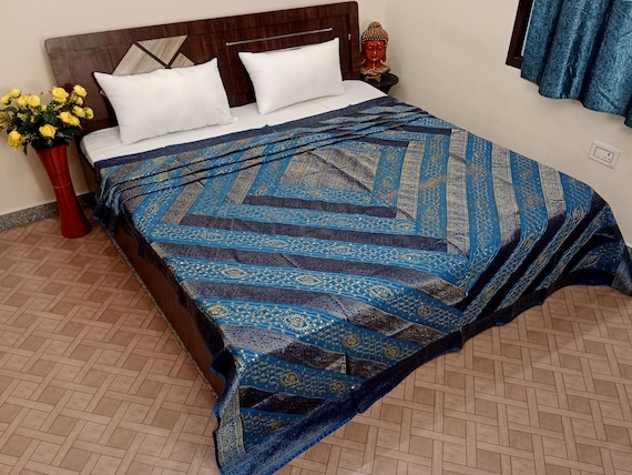 Old Vintage Silk Brocade Bedding Bedspread Patchwork Bedspread Queen Size Quilt Cover