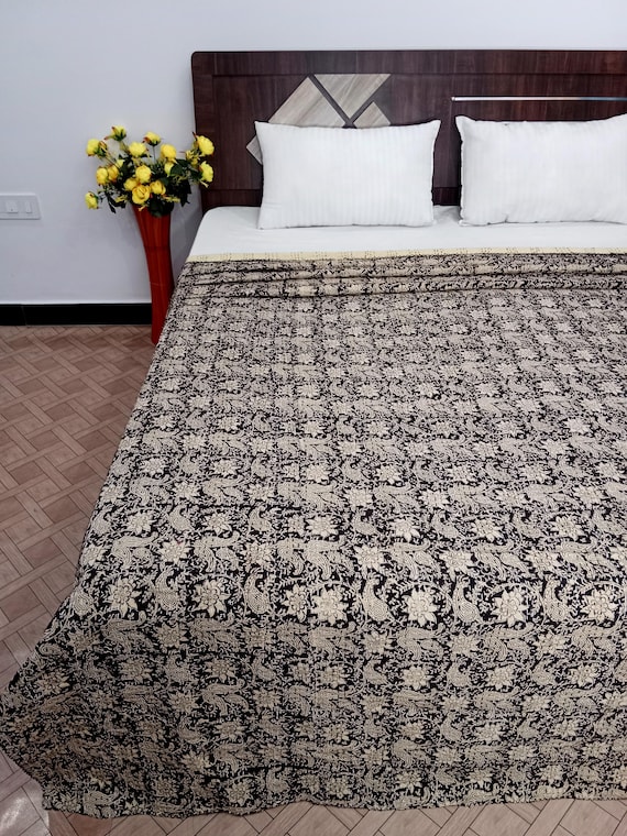 Floral Kantha Quilt: Hand Block Print Indian Bedding
