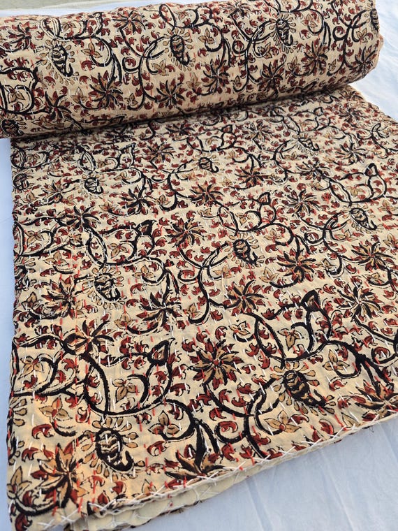 indain Kantha Quilt Handblock Print floral Kantha Indian Beddding Bedspread Handblock Throw Blanket Floral Neutral Throw Cotton Blanket