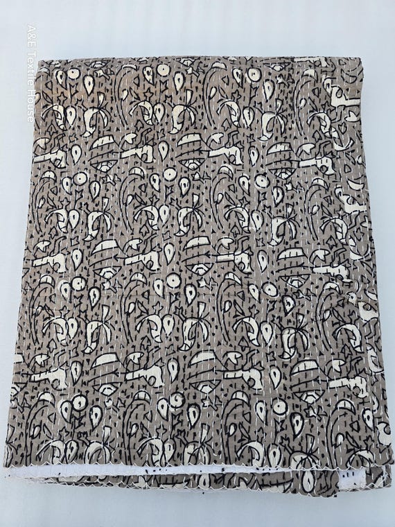 Hand Block Print Kantha Quilt: Floral Indian Cotton Bedding