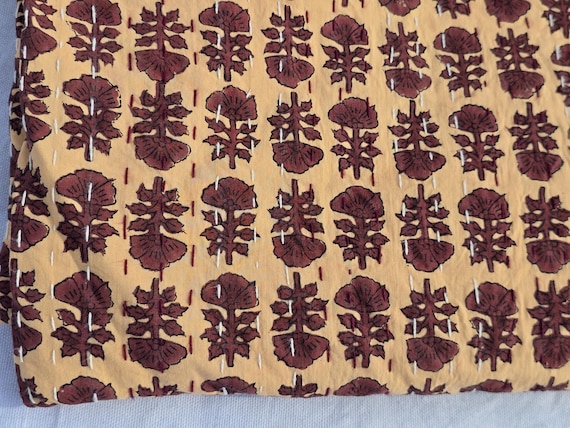 Floral Kantha Quilt, Vintage Block Print Bedding, Handmade Cotton Bedspread