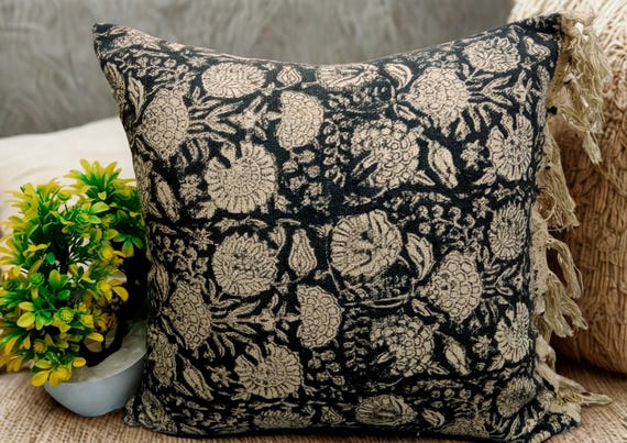 Hand Block Print Pillow Cover: Handmade Cotton Fringe Cushion Pillow Cover 20x20